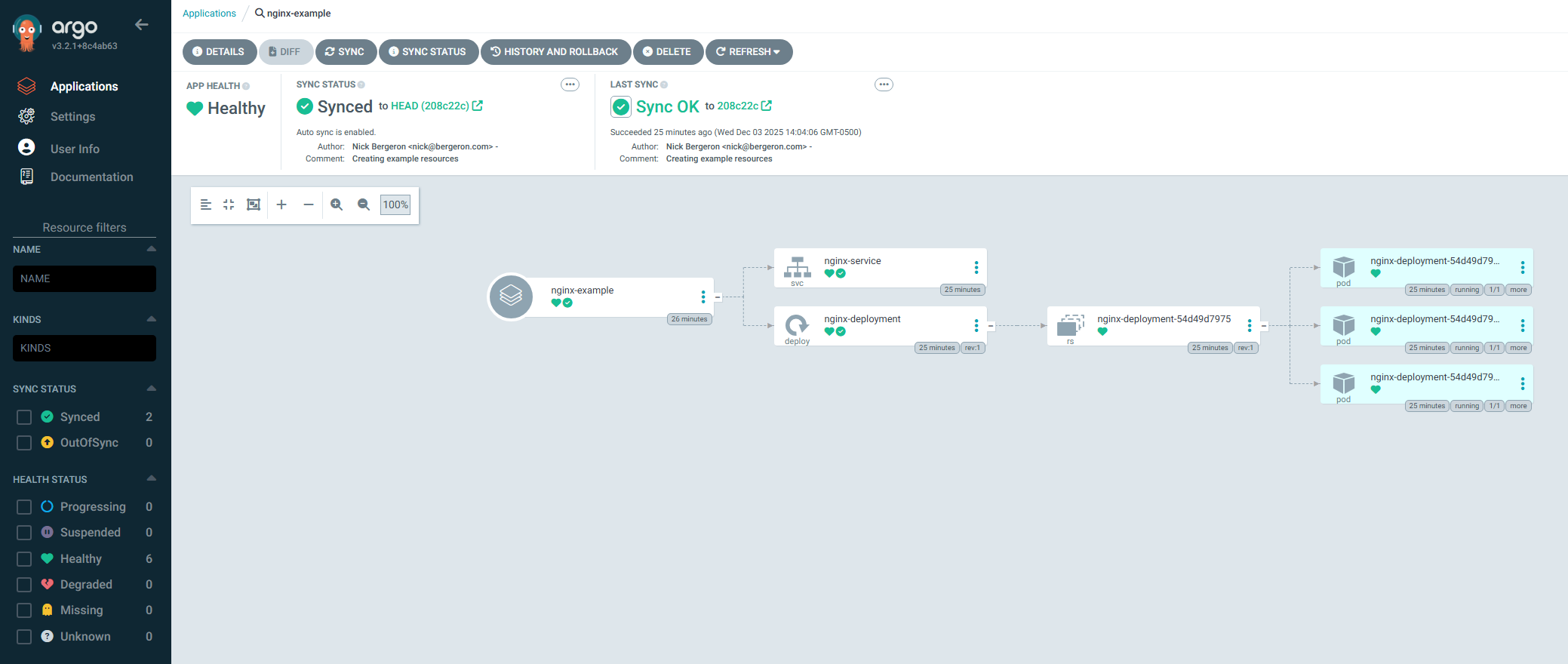 nginx-example application deployed and healthy